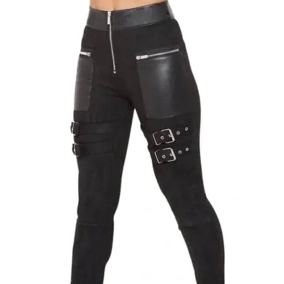 Maniere De Voir Cyberpunk Faux Suede Buckle Straps Leggings Pants UK 6 US 2 - Picture 7 of 16